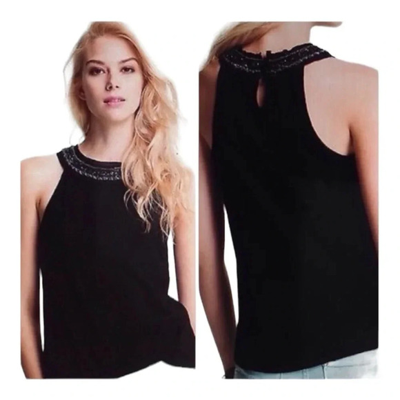 FREE PEOPLE • Black High Neck Beaded Tank Top Small - Picture 1 of 9